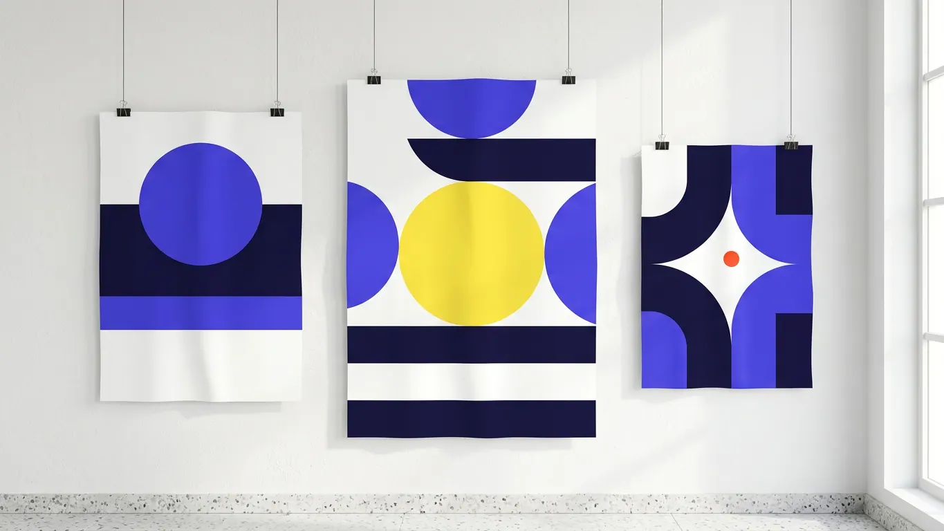 Trois affiches aux cercles et bandes bleus, indigo et jaunes suspendues par des pinces sur un mur blanc — Impression affiches