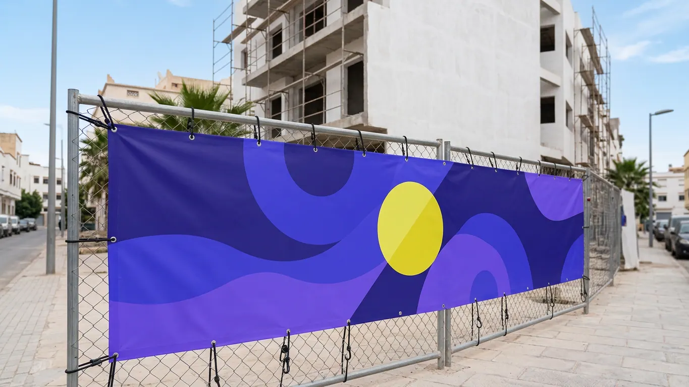 Bâche PVC imprimée de vagues bleues et d'un disque jaune, fixée par sandows et œillets sur une clôture de chantier — Impression pour BTP, artisans et menuiserie aluminium