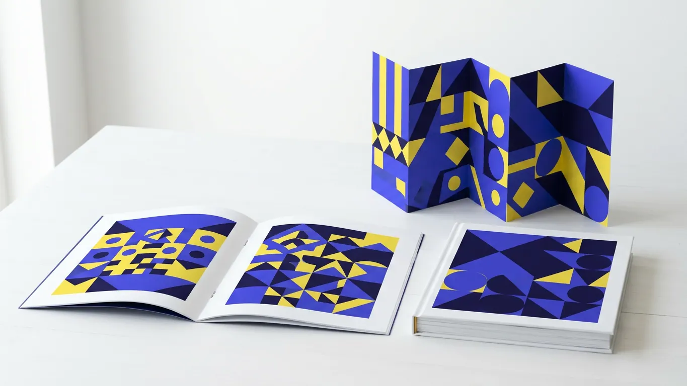 Brochure agrafée ouverte, catalogue dos carré collé et dépliant accordéon aux motifs géométriques bleus et jaunes sur une table blanche — Impression dépliants (2, 3 et 4 volets)