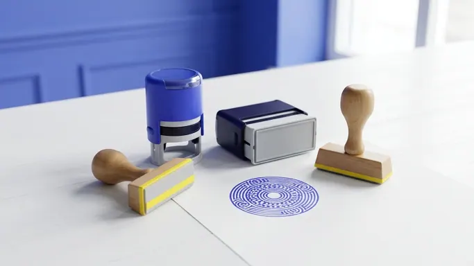 Cachets d'entreprise auto-encreurs rond et rectangulaire et tampons à manche en bois, avec une empreinte circulaire bleue sur papier — Cachet d'entreprise personnalisé