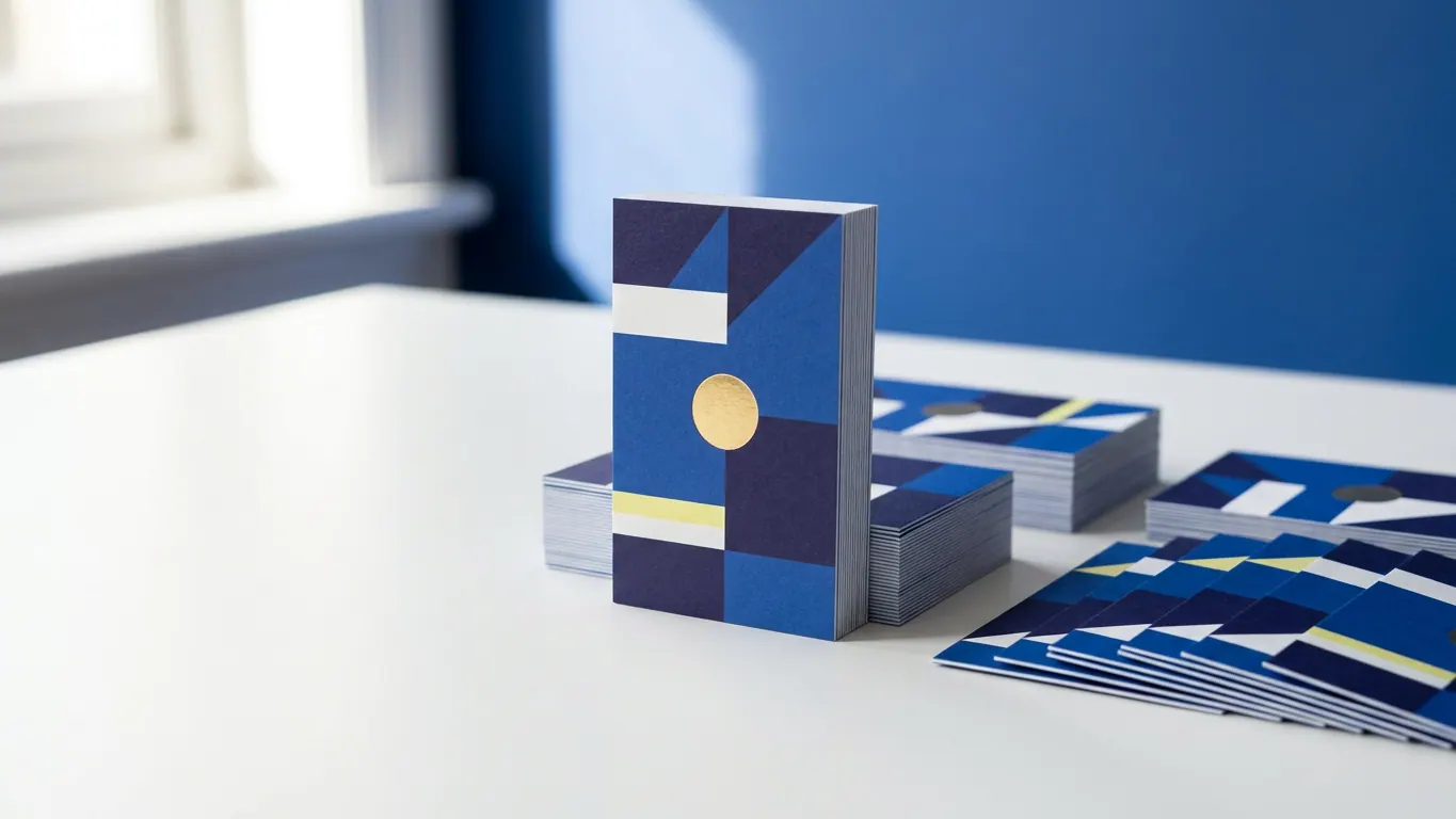 Piles de cartes de visite épaisses à motifs géométriques bleus et indigo, une pile debout avec pastille dorée, sur un bureau blanc devant un mur bleu — Impression cartes de visite
