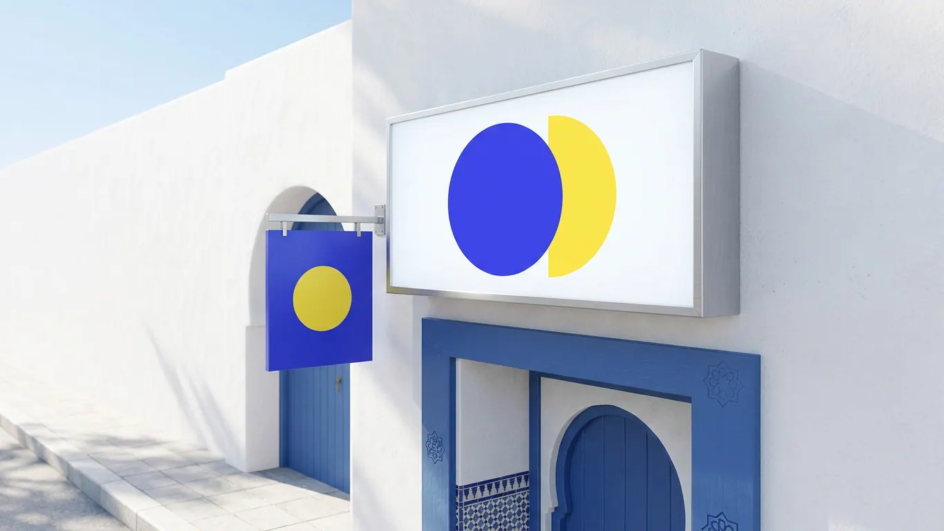 Caisson lumineux en aluminium à cercles bleu et jaune et enseigne drapeau bleue sur une façade blanchie à la chaux — Enseignes lumineuses et enseignes de magasin