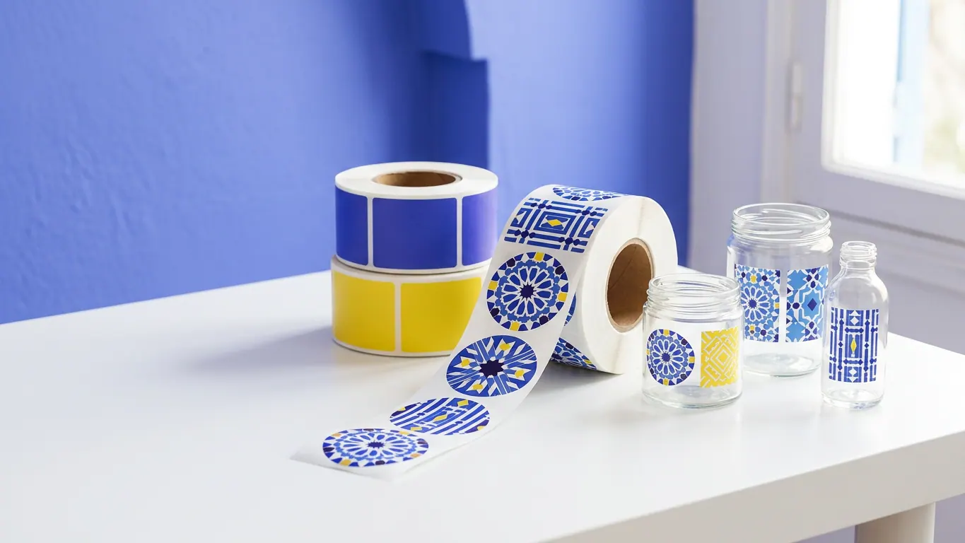 Rouleaux d'étiquettes adhésives à motifs zellige bleus et jaunes sur mandrins carton, avec bocaux et flacon en verre étiquetés — Étiquettes et autocollants personnalisés