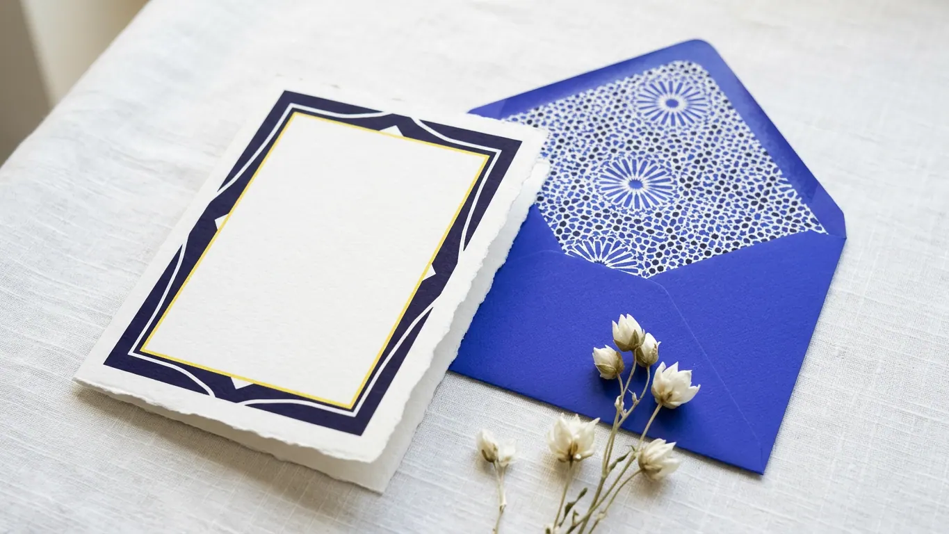 Faire-part sur papier coton à bord frangé avec cadre indigo et filet jaune, enveloppe bleu majorelle doublée d'un motif zellige et fleurs séchées — Impression pour Mariage et événementiel