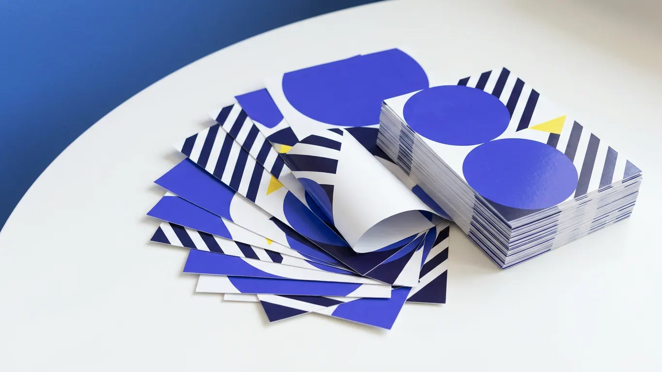 Éventail de flyers en papier couché brillant à cercles bleus et rayures indigo, à côté d'une pile de flyers sur une table blanche — Impression flyers et prospectus