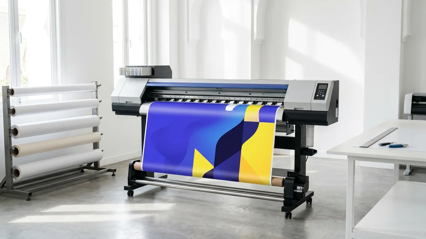 Imprimante grand format jet d'encre imprimant un visuel bleu et jaune sur rouleau, avec rack de bobines et table de découpe dans un local lumineux — Service de création graphique