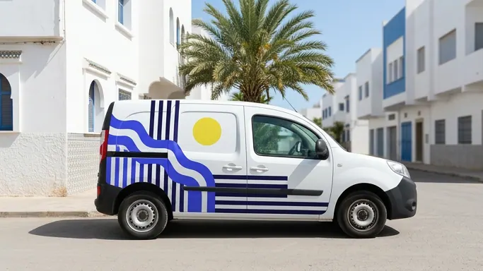 Camionnette utilitaire blanche avec covering vinyle à vagues bleues, rayures indigo et cercle jaune, garée dans une rue ensoleillée — Marquage et covering de véhicules
