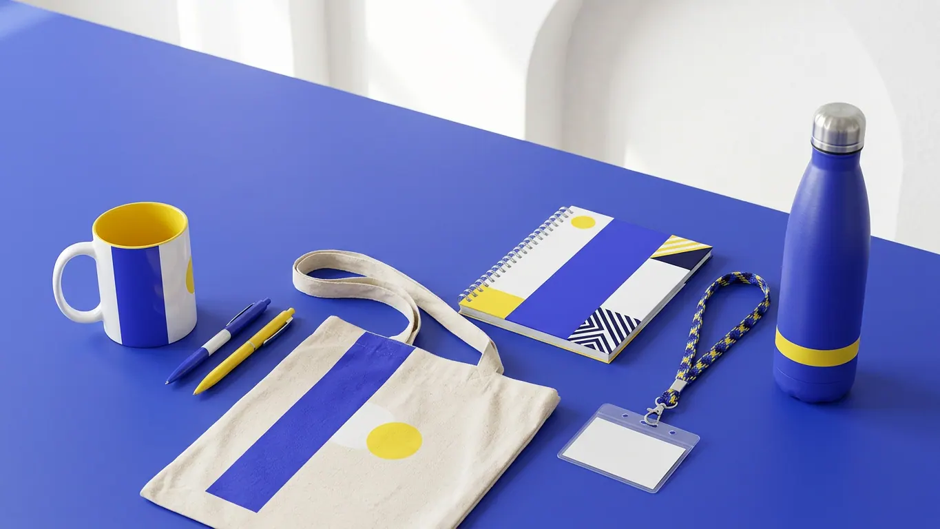 Objets publicitaires bleus et jaunes sur une table bleue : mug, stylos, tote bag en coton, carnet à spirale, tour de cou avec porte-badge et gourde — Objets publicitaires personnalisés