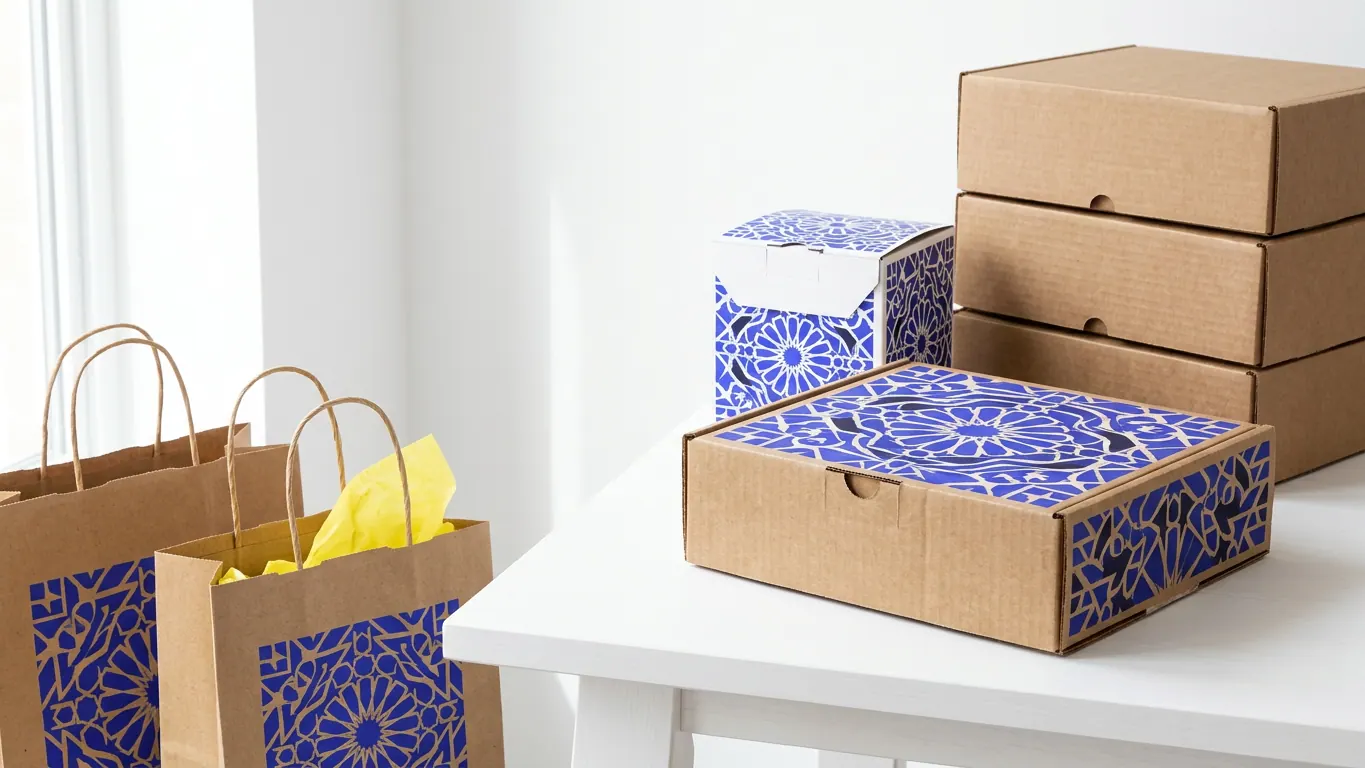 Sacs kraft à poignées torsadées, étui carton et boîtes postales en carton cannelé imprimés d'un motif zellige bleu — Livraison partout au Maroc