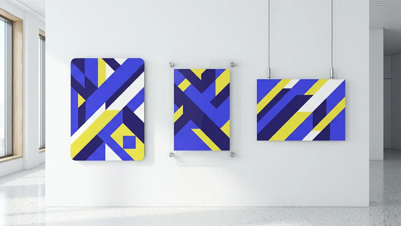 Trois panneaux signalétiques à bandes bleues et jaunes : panneau composite à coins arrondis, plaque en plexiglass sur entretoises et panneau suspendu — Plaques professionnelles (médecin, avocat, cabinet)