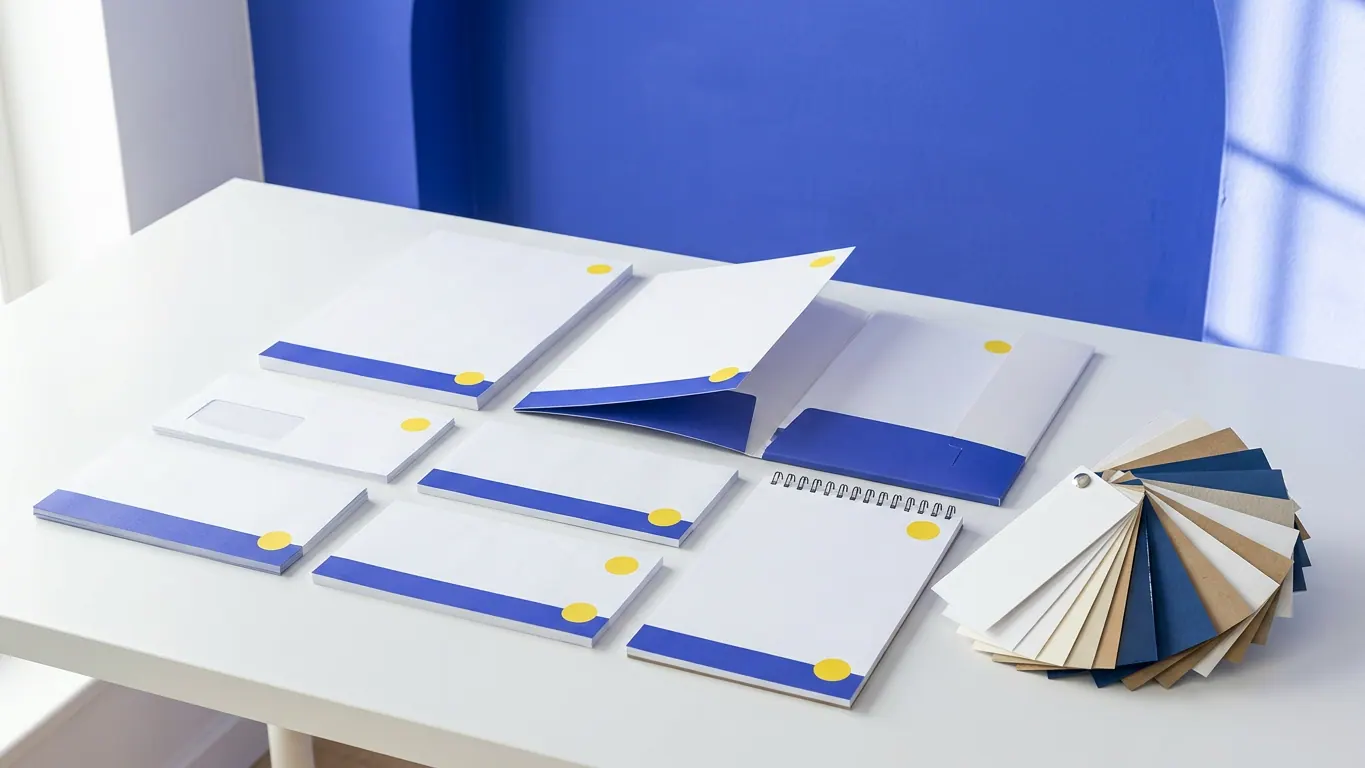 Papeterie d'entreprise à bande bleue et pastille jaune : papier en-tête, enveloppes, chemise à rabats, bloc-notes et nuancier de papiers — Blocs-notes et carnets personnalisés