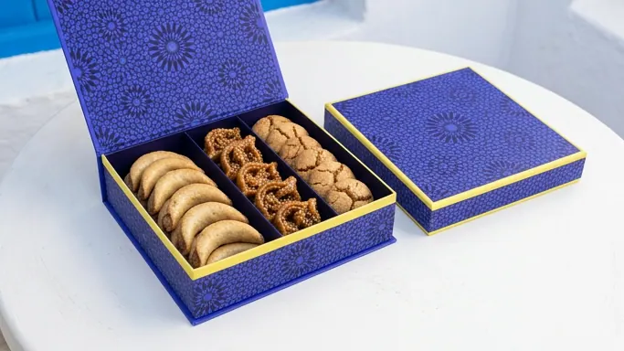 Coffret à compartiments imprimé d'un motif zellige bleu, garni de cornes de gazelle, chebakia et ghriba, couvercle posé à côté — Impression pour Ramadan et l'Aïd : packaging, coffrets, cartes