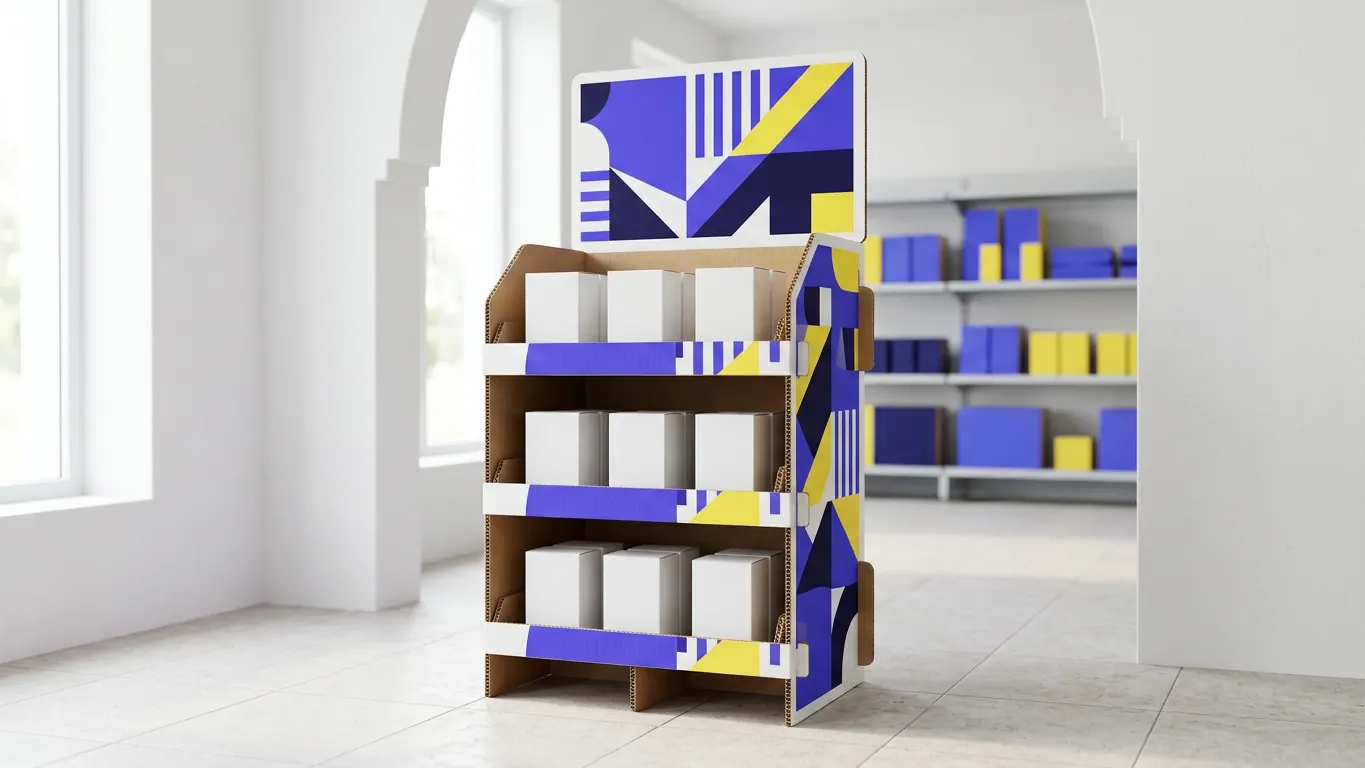 Présentoir de sol en carton cannelé imprimé bleu et jaune, trois tablettes garnies de boîtes blanches, dans une boutique claire — PLV sur mesure : conception, fabrication et impression