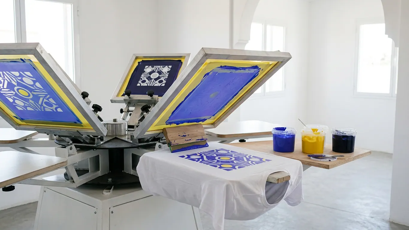 Presse de sérigraphie manuelle à carrousel avec écrans tendus, raclette et t-shirt blanc imprimé d'un motif bleu, pots d'encre bleue et jaune — Sérigraphie au Maroc : impression textile et objets