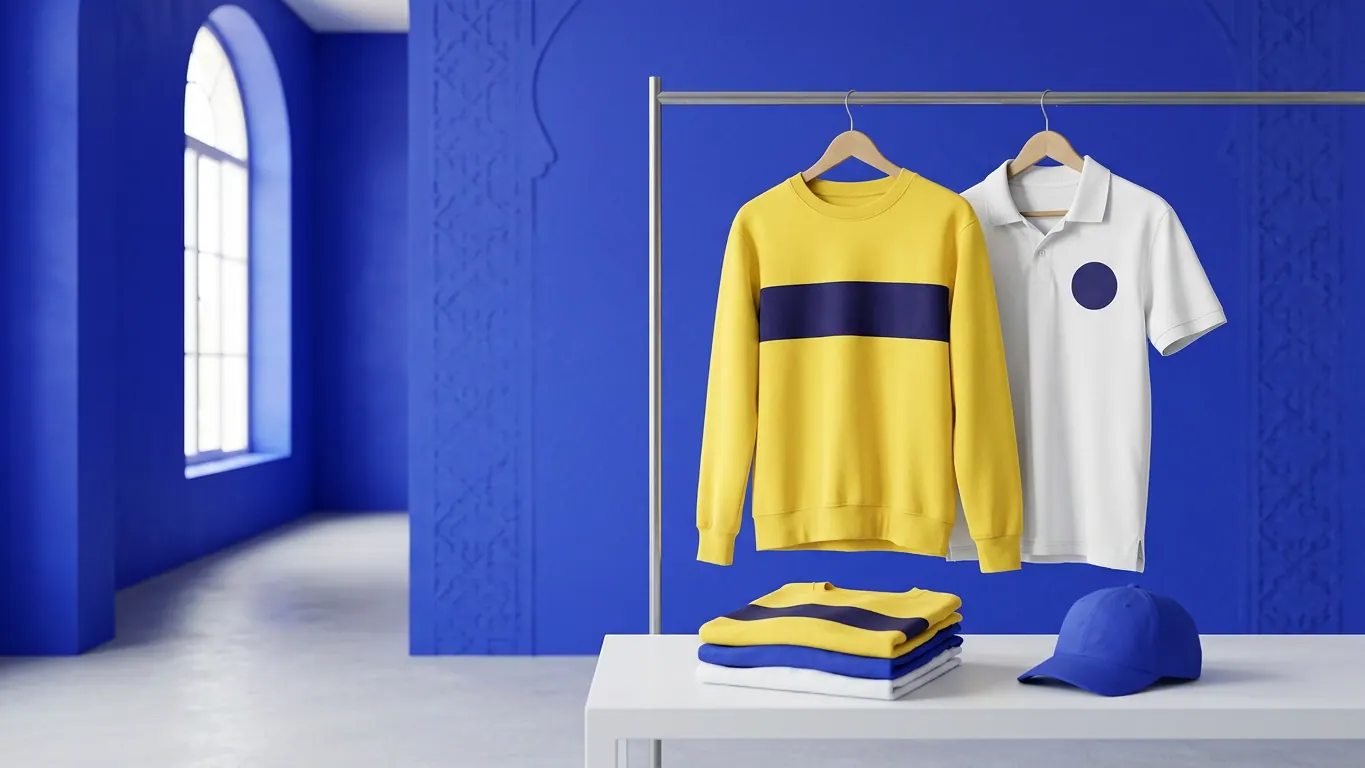 Textiles personnalisés : sweat jaune à bande indigo, polo blanc à pastille bleue, t-shirts pliés et casquette bleue devant un mur bleu majorelle — Textile personnalisé