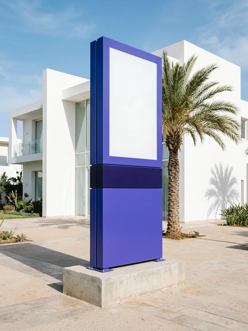 Totem publicitaire en composite aluminium bleu majorelle avec panneau lumineux vierge, sur socle béton devant un bâtiment blanc et un palmier — Totem publicitaire