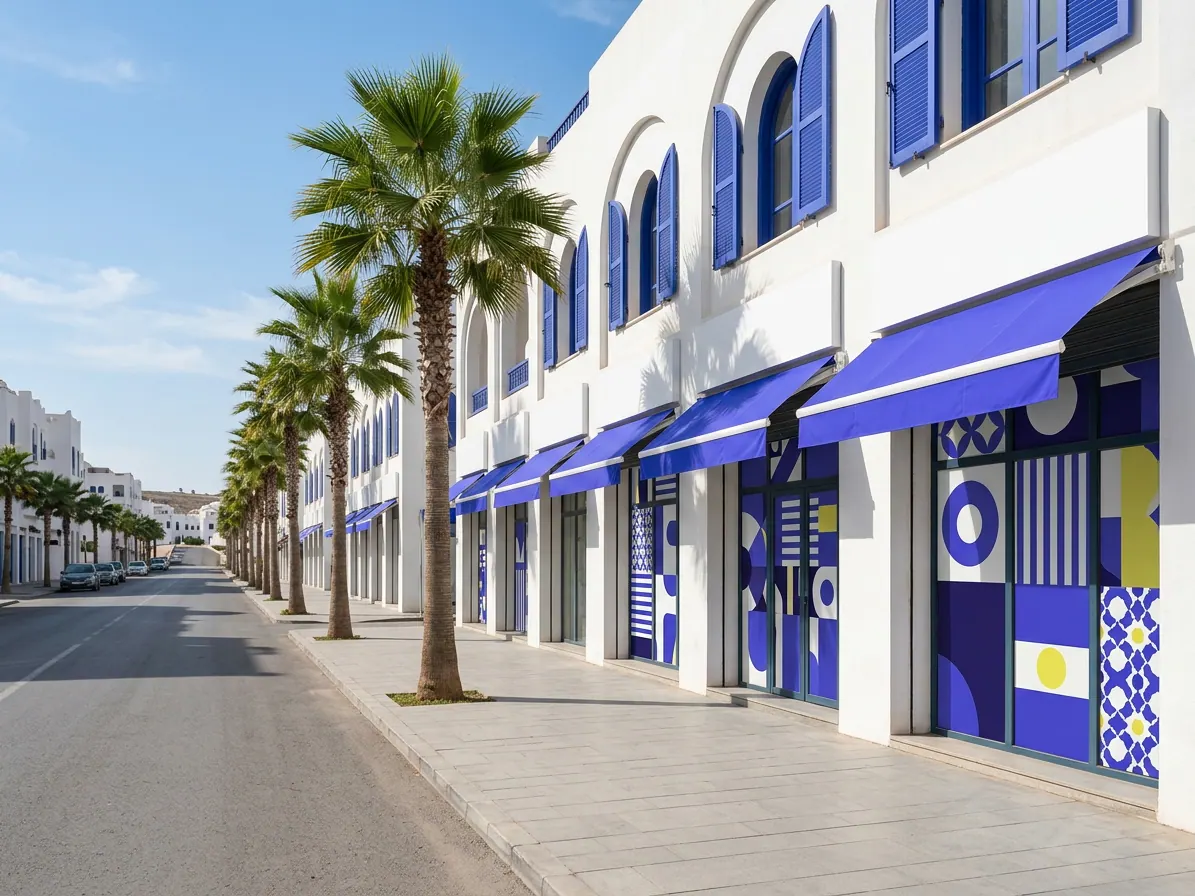 Rue commerçante ensoleillée bordée de palmiers, immeubles blancs à fenêtres en arc et volets bleus, vitrines aux visuels géométriques — Imprimerie à Marrakech